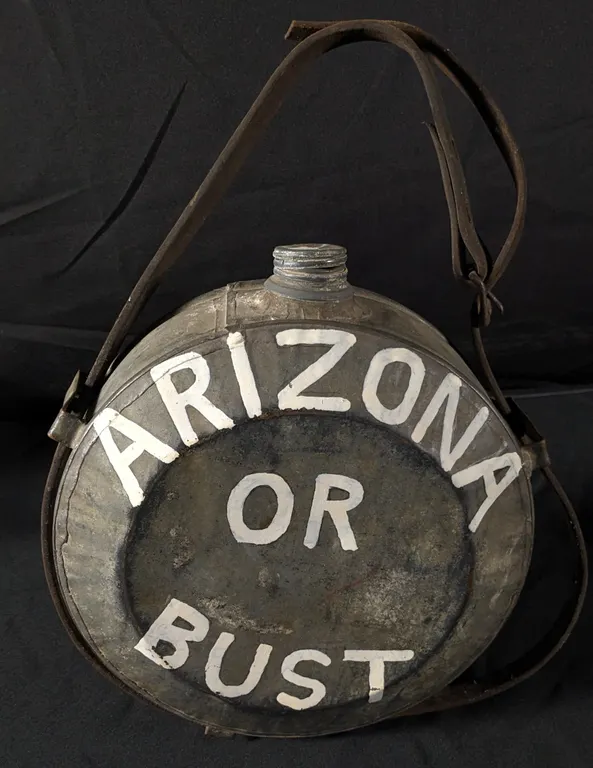 VINTAGE ARIZONA OR BUST TIN CANTEEN