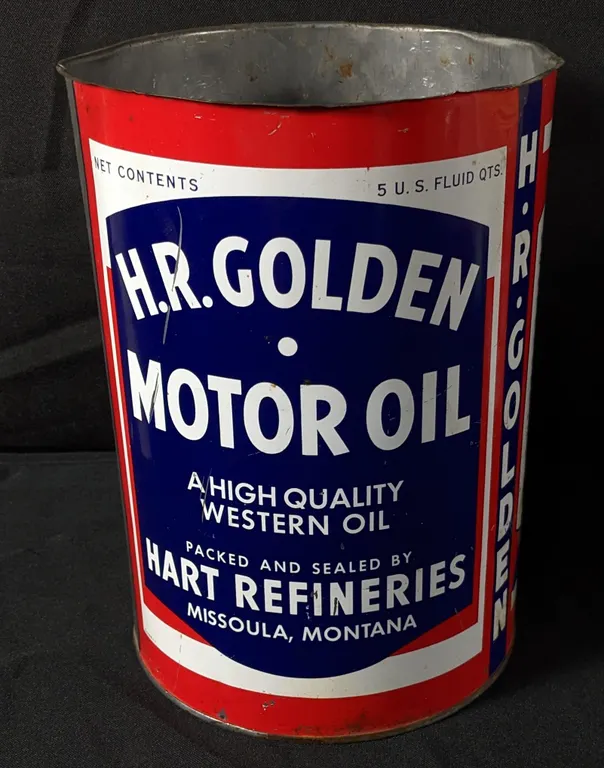 5 QUART CAN H.R. GOLDEN MOTOR OIL HART REFINERIES MISSOULA MONTANA