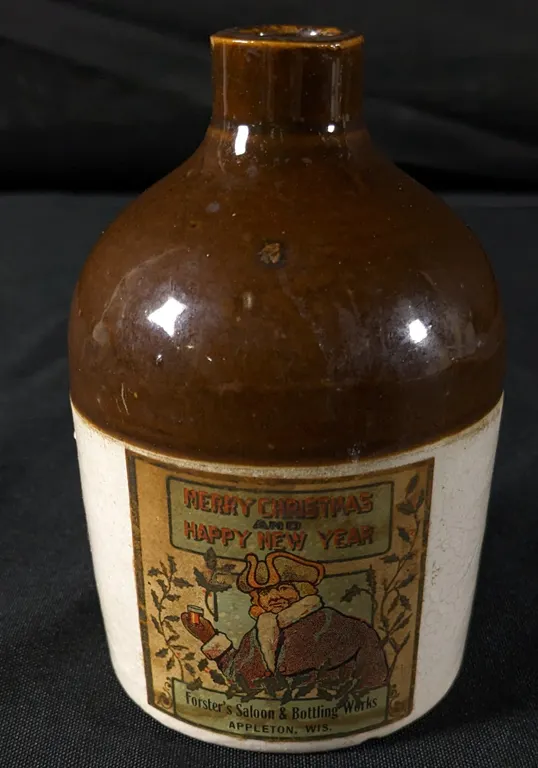 MERRY CHRISTMAS FORSTER'S SALOON & BOTTLING WORKS APPLETON WISCONSIN STONEWARE ADVERTISING MINI CROCK JUG