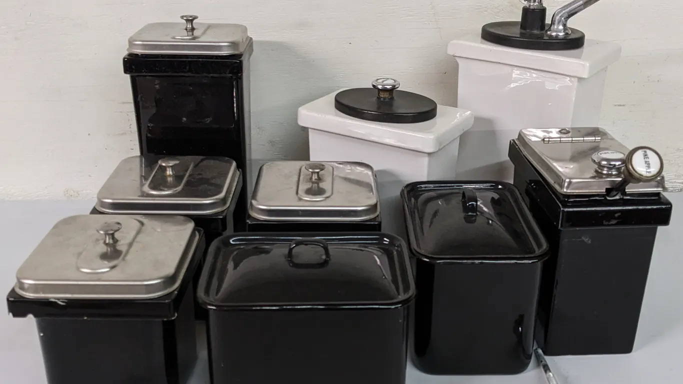 LARGE ASSORTMENT OF SODA FOUNTAIN PORCELAIN CANISTERS ETC