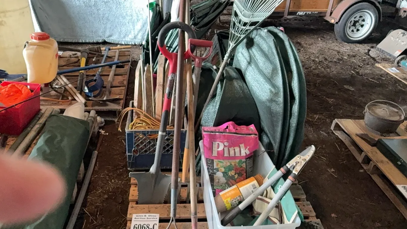 GARDEN NETTING, RAKES, SHOVELS, BAG OF FERTILIZER, HAND SHEARS & GARDEN STAKES - DISPERSAL FOR CLARENCE YOUNG - SOLD OFFSITE EDBERG, AB