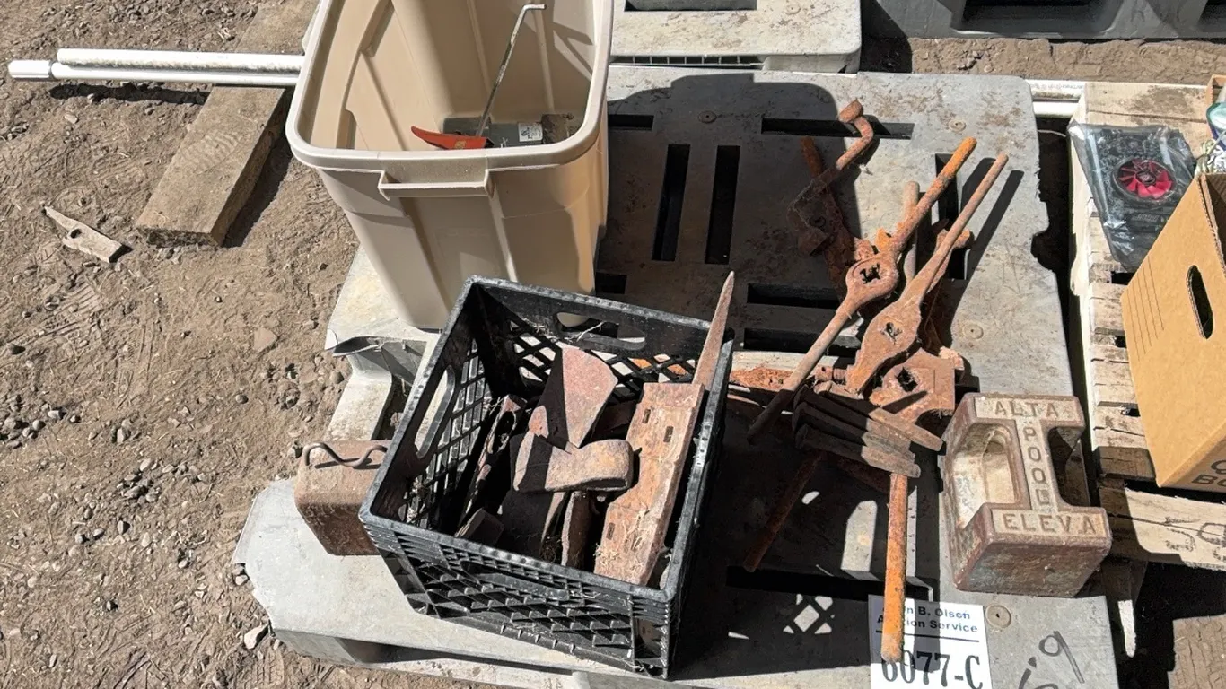 ANTIQUE LG DIES & TOOLS, AXE HEADS & BUCKET OF ELECTRIC MOTORS - DISPERSAL FOR CLARENCE YOUNG - SOLD OFFSITE EDBERG, AB