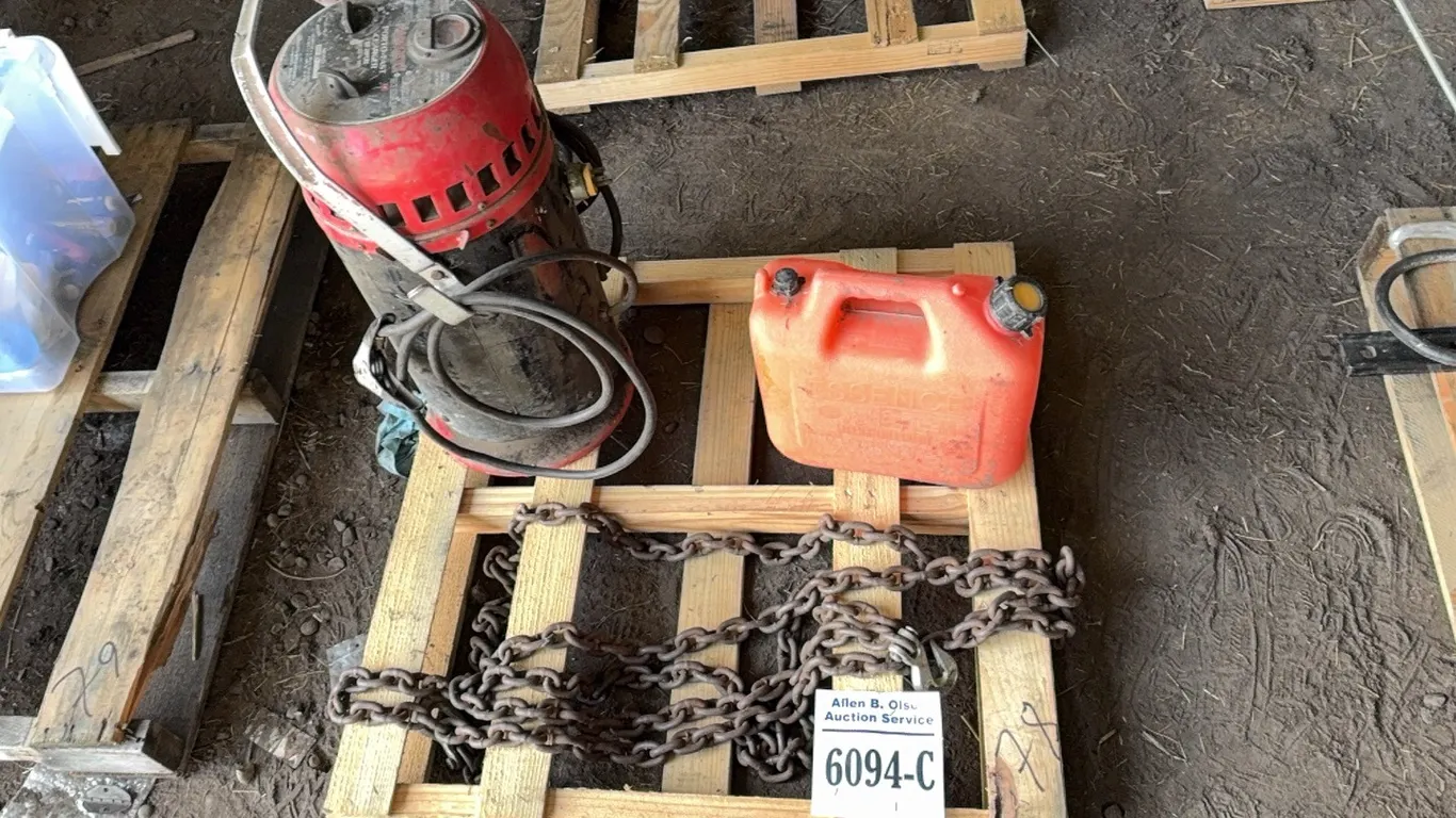 80A MARQUETTE BATTERY CHARGER, CHAIN w/ HOOK & JERRY CAN - DISPERSAL FOR CLARENCE YOUNG - SOLD OFFSITE EDBERG, AB