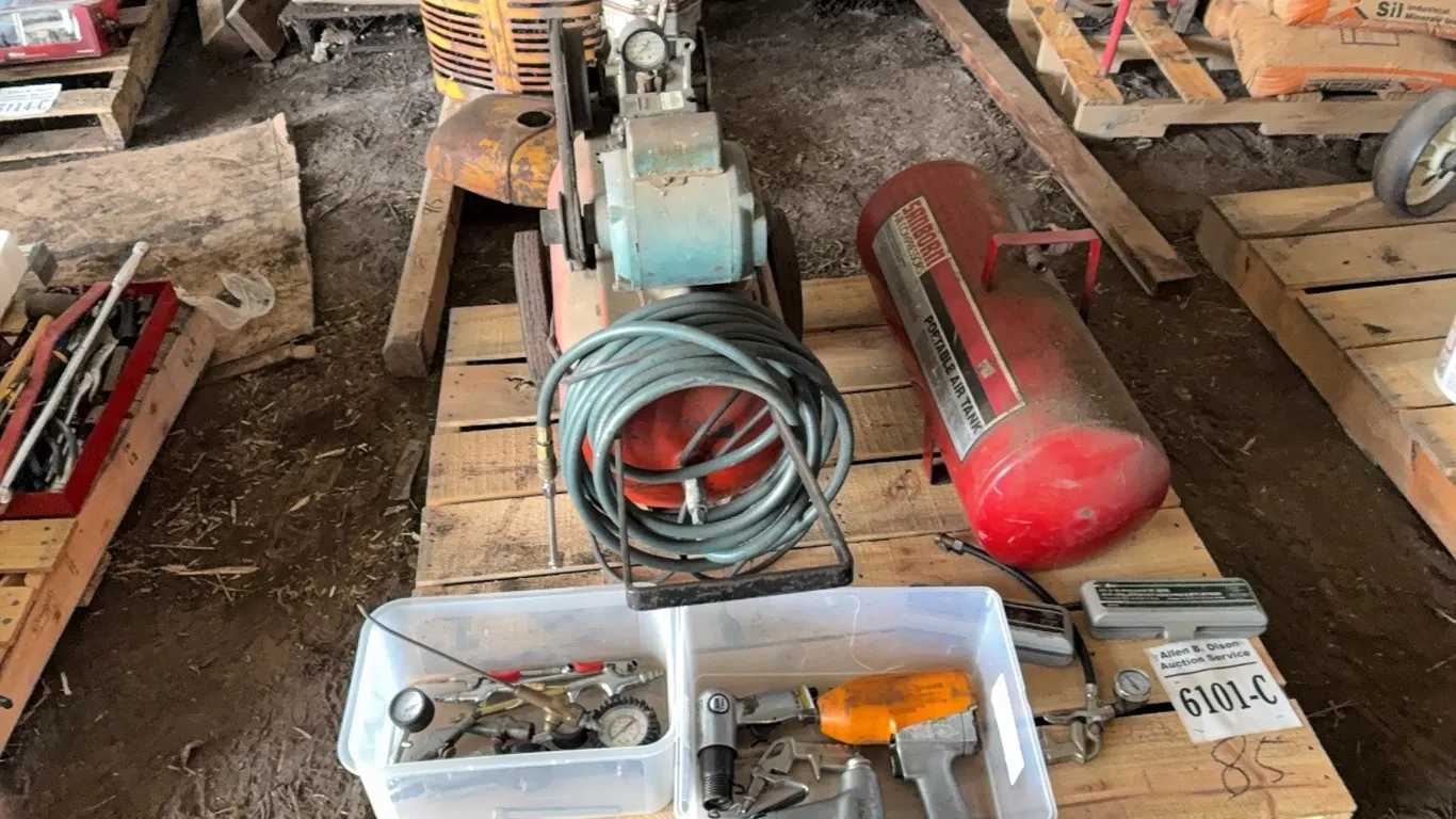 AIR COMPRESSOR, PORTABLE AIR TANKS, SNAP ON 1/2" AIR IMPACT, 3/8" AIR IMPACT, AIR HAMMER, AIR DIE GRINDER - DISPERSAL FOR CLARENCE YOUNG - SOLD OFFSIT