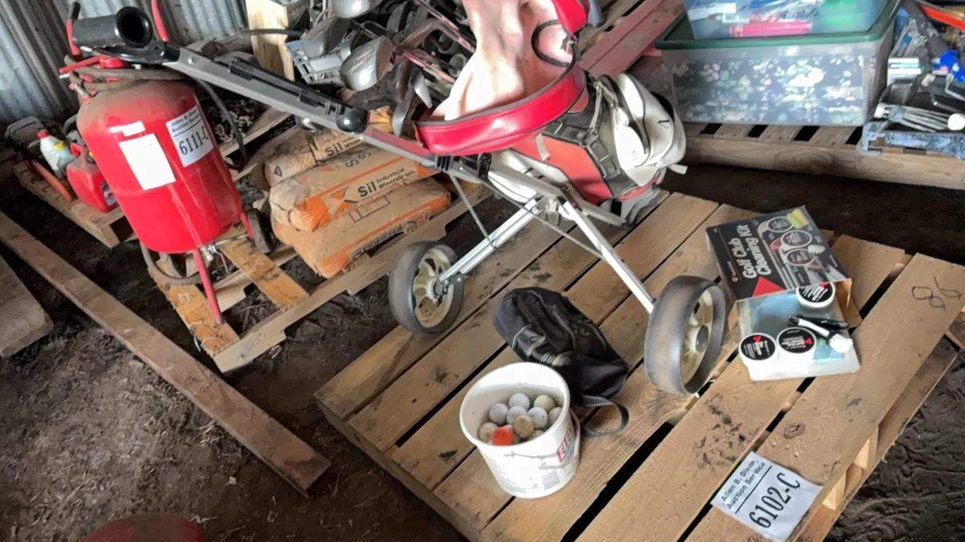 LEFT HANDED WILSON GOLF CLUBS w/ CART & BAG, GOLF CLUB CLEANING KIT & BUCKET OF GOLF BALLS - DISPERSAL FOR CLARENCE YOUNG - SOLD OFFSITE EDBERG, AB