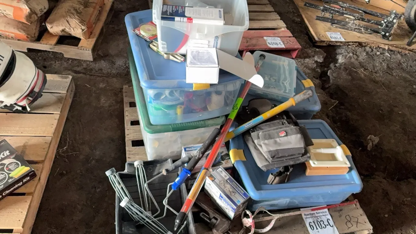 PAINTING SUPPLIES, HOME HARDWARE ITEM REPAIR KITS, TOTES FULL OF GENERAL HOUSEHOLD REPAIR ITEMS - DISPERSAL FOR CLARENCE YOUNG - SOLD OFFSITE EDBERG,