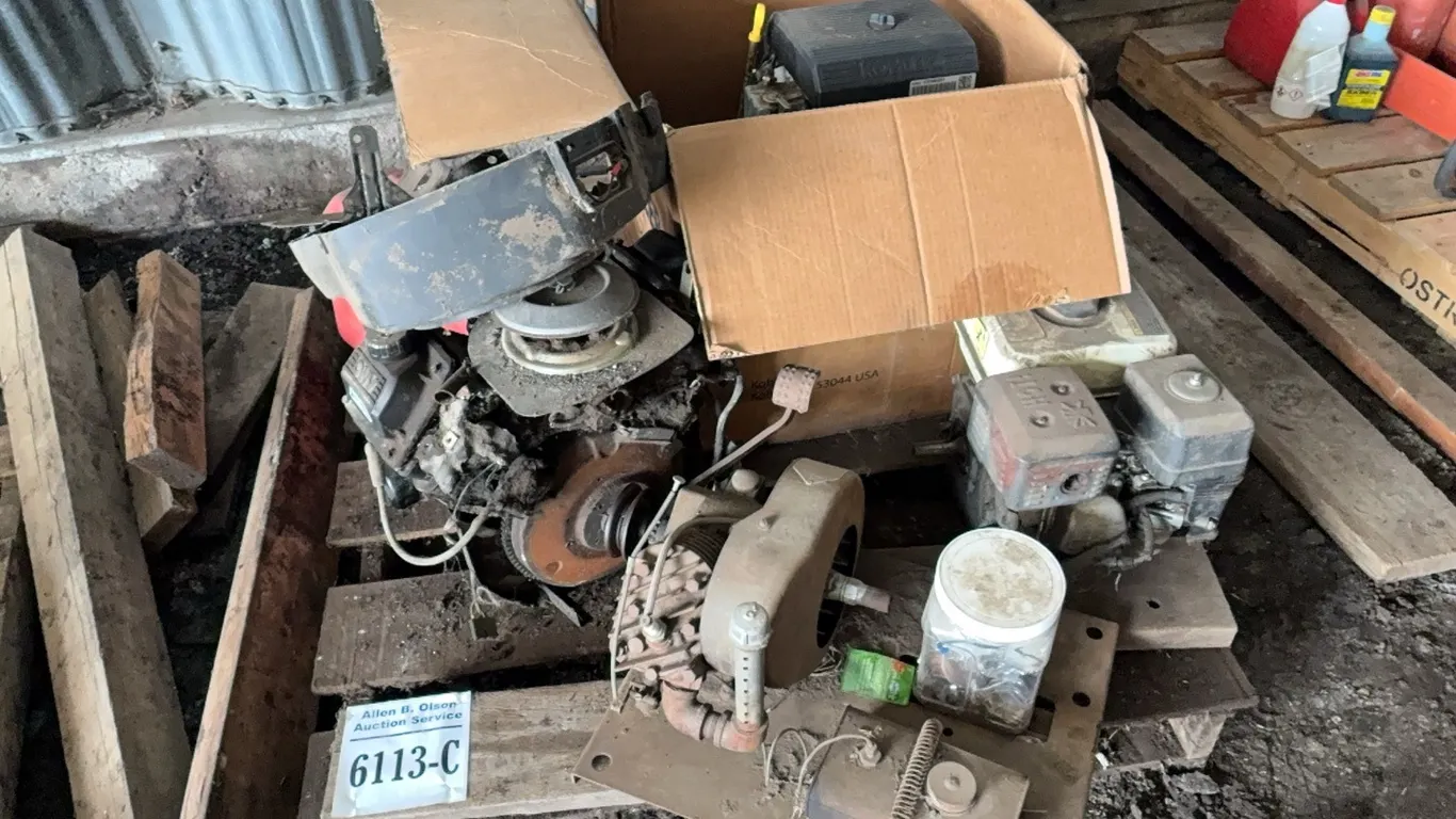 KOHLER ENGINE APPEARS TO BE UNUSED, WASHING MACHINE ENGINE, 2 -OTHER ENGINES & JERRY CAN - DISPERSAL FOR CLARENCE YOUNG - SOLD OFFSITE EDBERG, AB