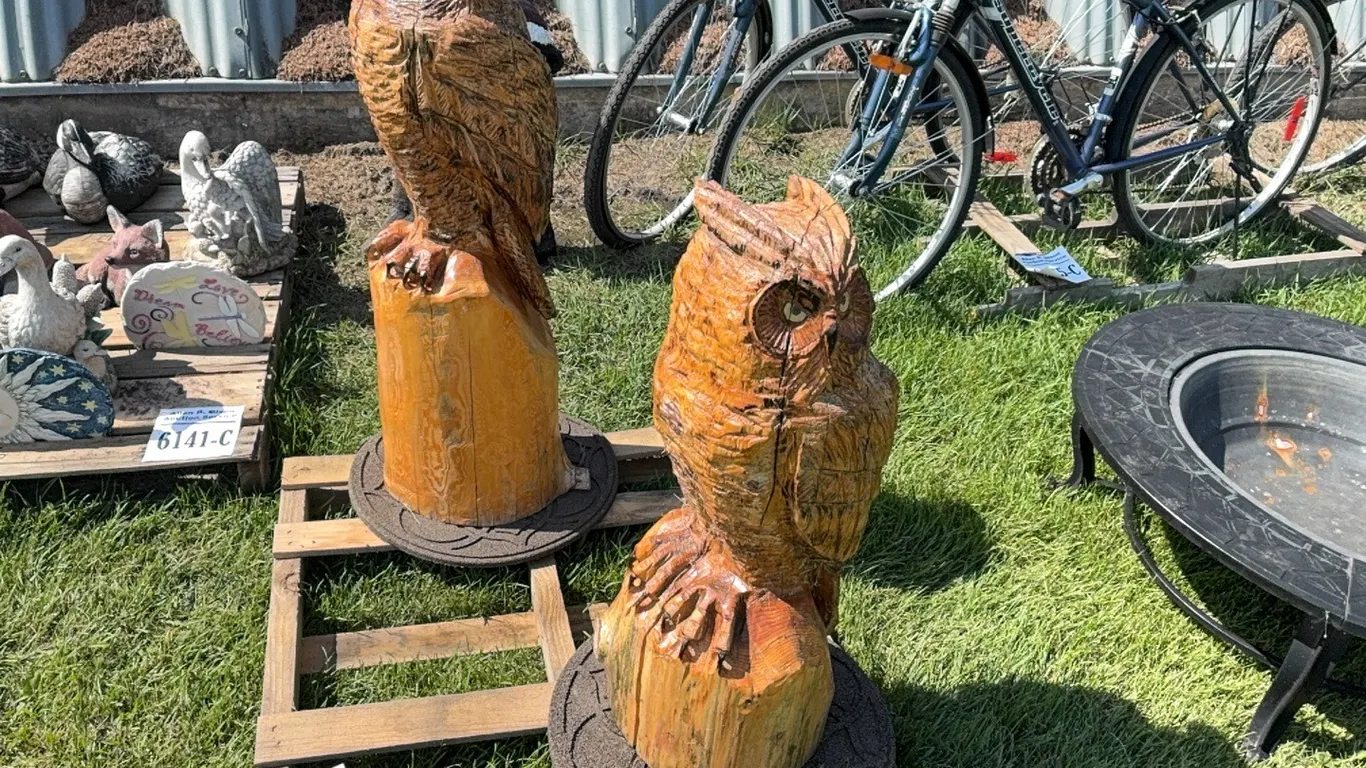 2 - WOODEN CARVED OWLS ON LOGS - DISPERSAL FOR CLARENCE YOUNG - EDBERG, AB
