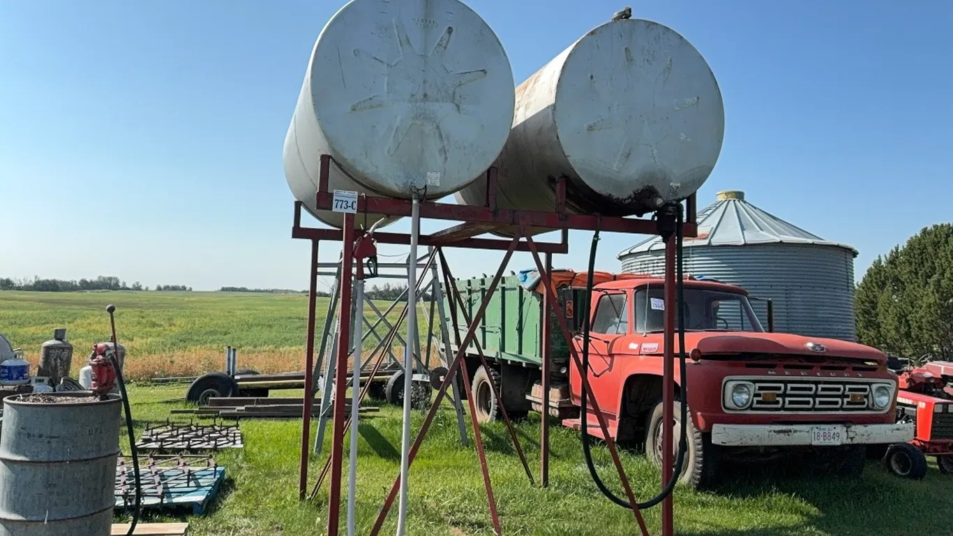 7' FUEL TANK STAND w/ 2 FUEL TANKS - DISPERSAL FOR CLARENCE YOUNG - SOLD OFFSITE - EDBERG, AB