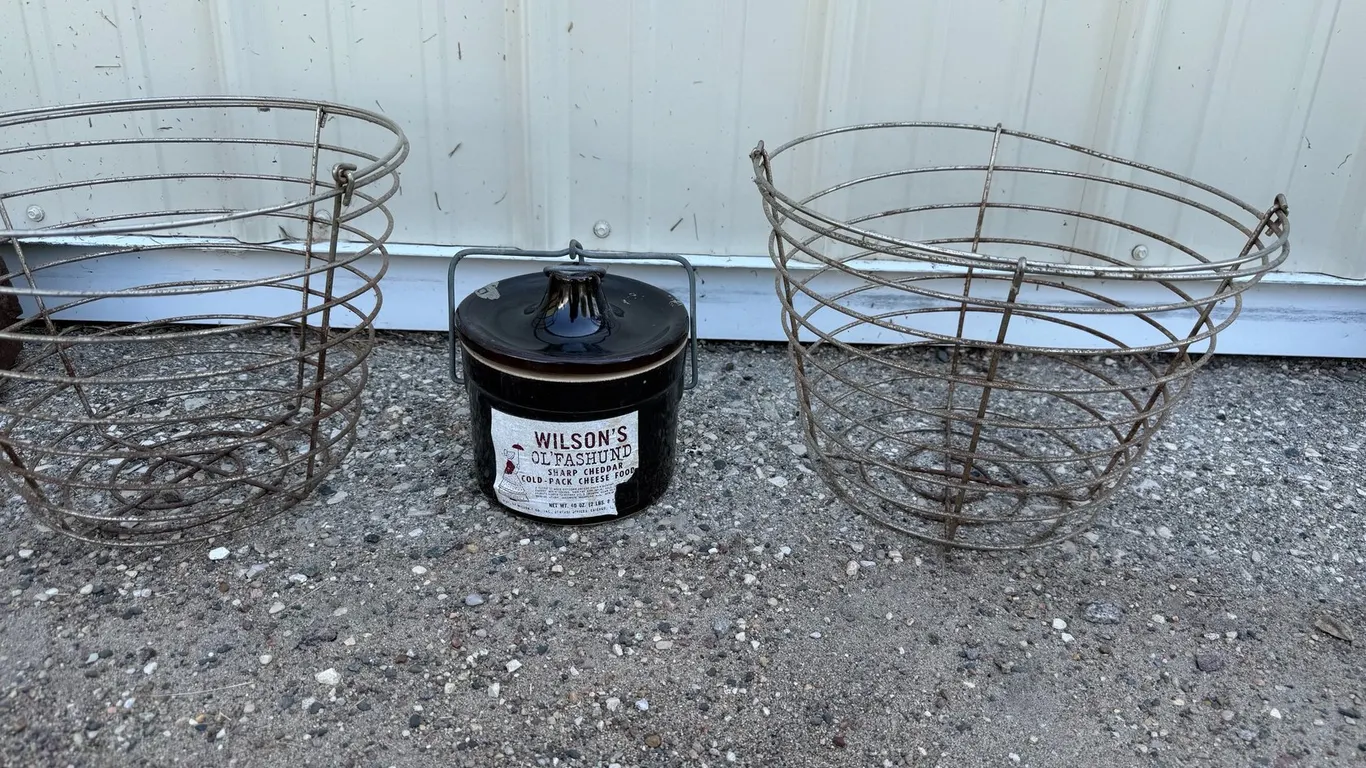 Two Antique Egg Baskets/Small Cheese Crock