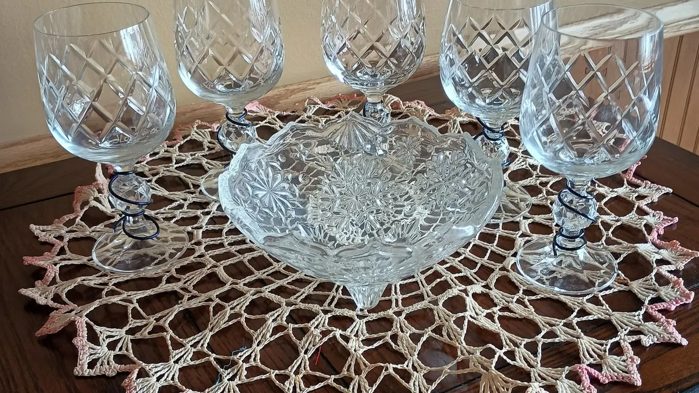 Decorative cut crystal wine glasses and Mikasa candy dish