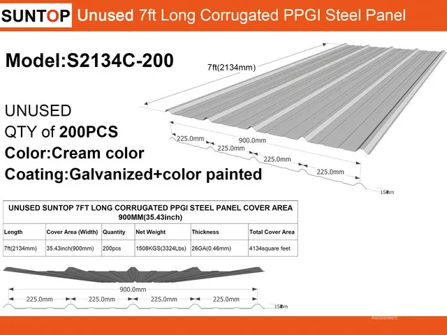 Quantity of (200) 2026 SUNTOP S2134C-200 3 ft x 7 ft Corrugated Galvalume Steel Panels (Unused)