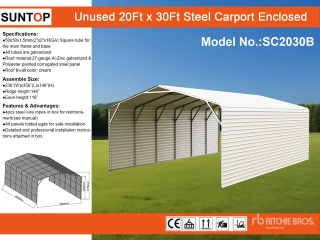 2026 SUNTOP SC2030B 20 ft x 30 ft Enclosed Carport (Unused)