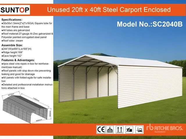 2026 SUNTOP SC2040B 20 ft x 40 ft Enclosed Carport (Unused)