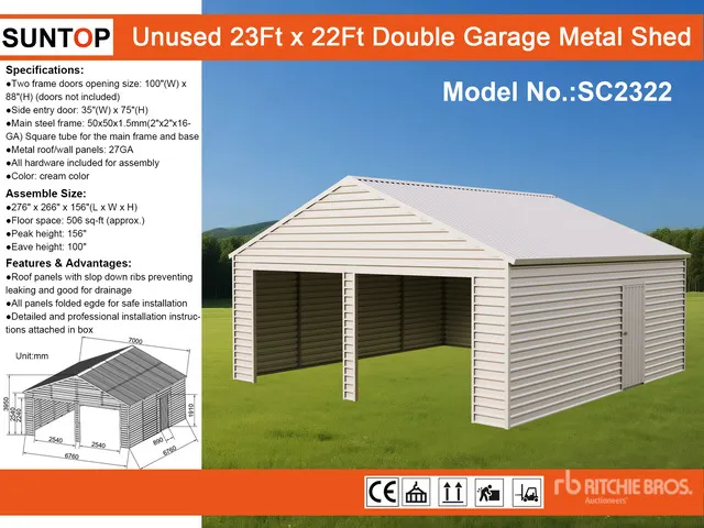 2026 SUNTOP SC2322 22 ft x 23 ft Double Garage Metal Shed (Unused)