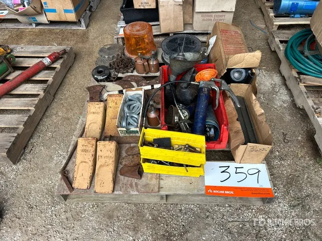 Quantity of Assorted Hardware w/ Shackles, Grease Guns, Chains, Axes, Pulleys & Parts