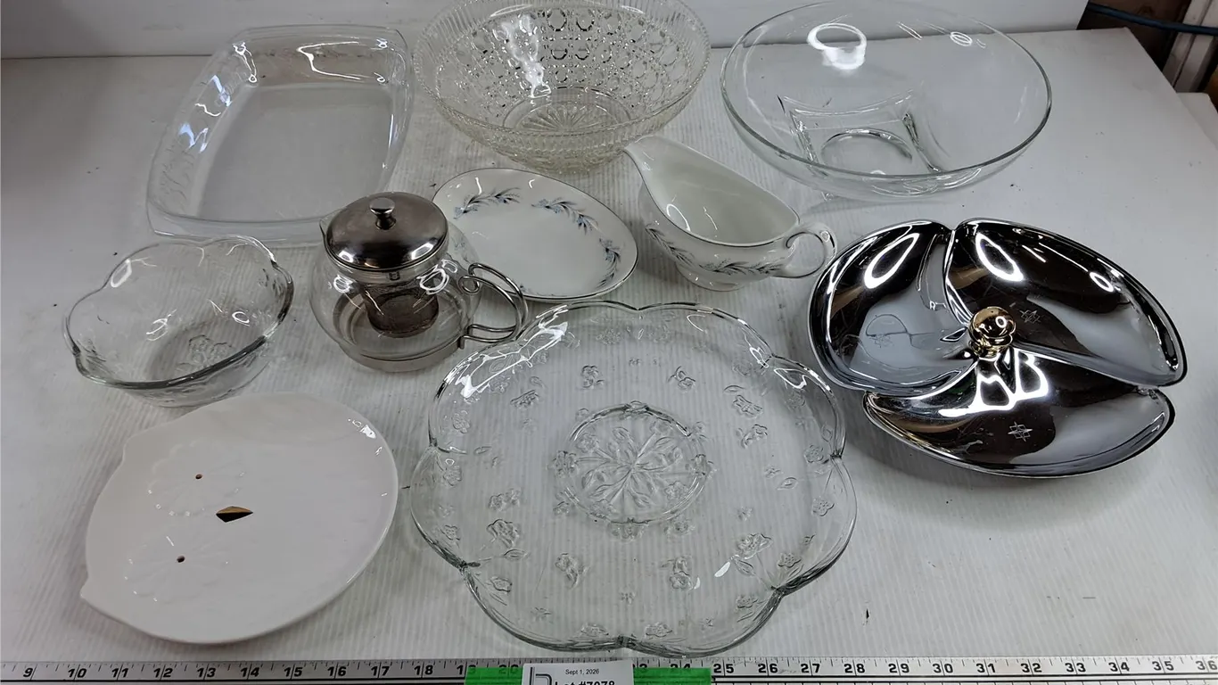 Glass Bowls, Tea Pot, Serving Platter, Divided Dish, Gravy Boat, Misc