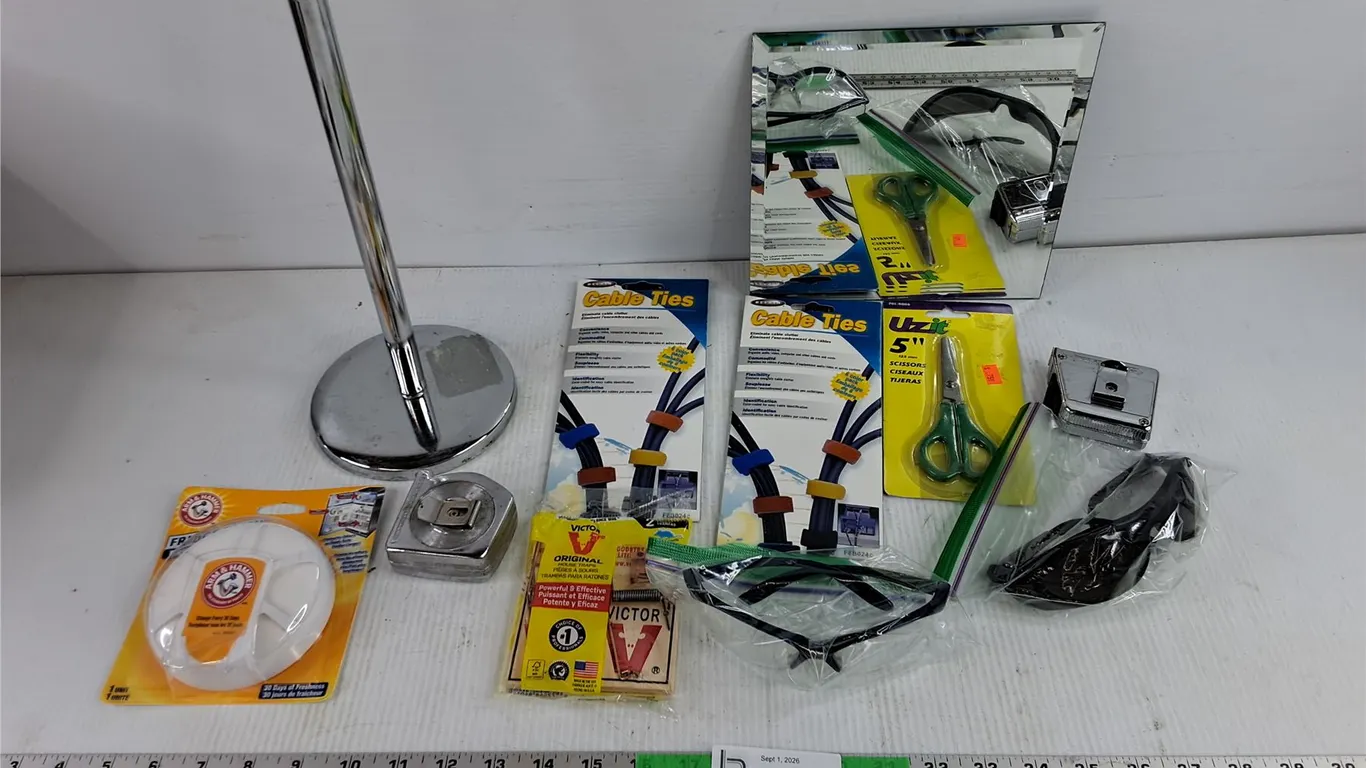 Paper Towel Holder, Cable Ties, Mirror, Scissors, Measuring Tape, Mouse Trap, Misc