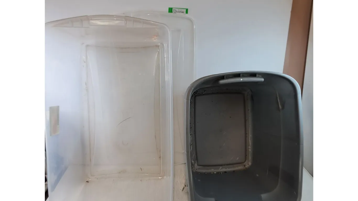 **(2) Tote Bins Clear and Gray Rubbermaid and Sterilite, (2) Lids As-Is No Shipping