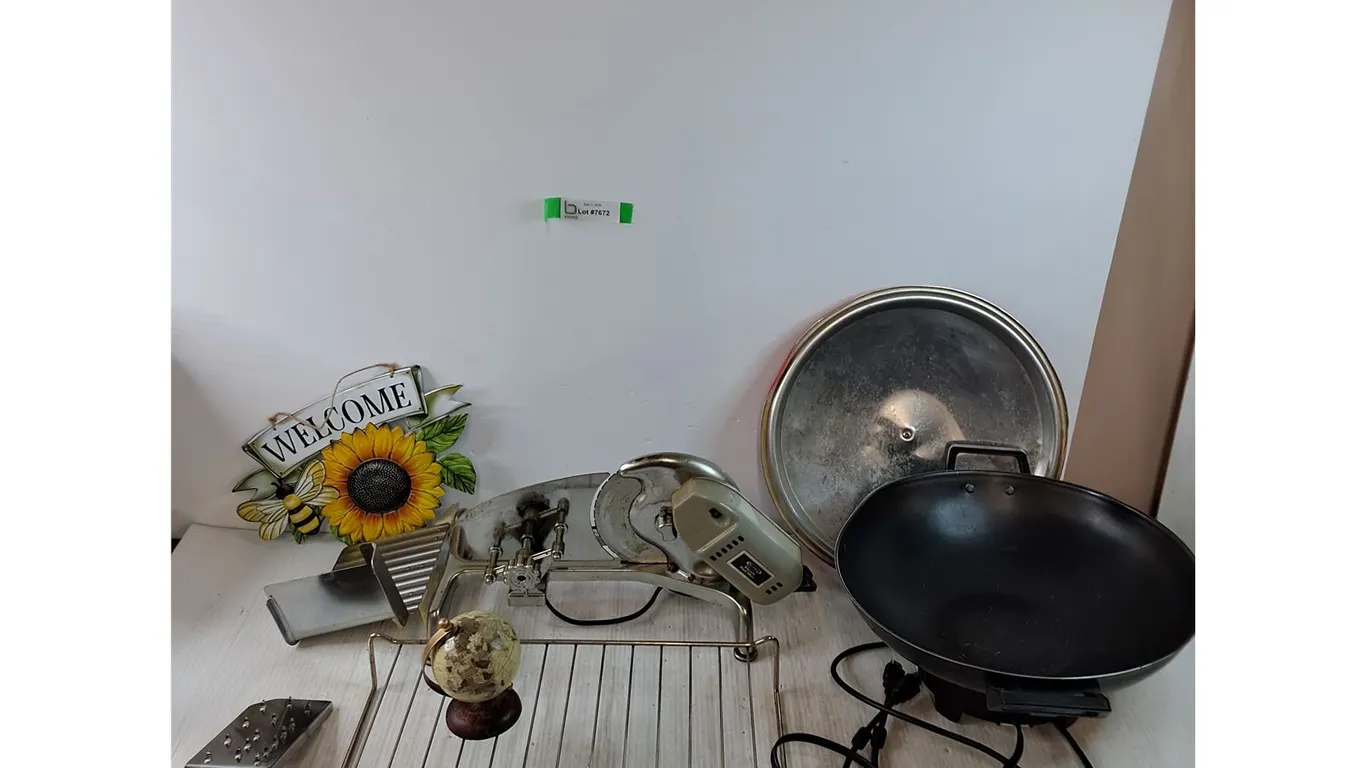 Small Late 1900s Globe, Electric Food Slicer works, Welcome Sign, Grill Top Electric Wok Works