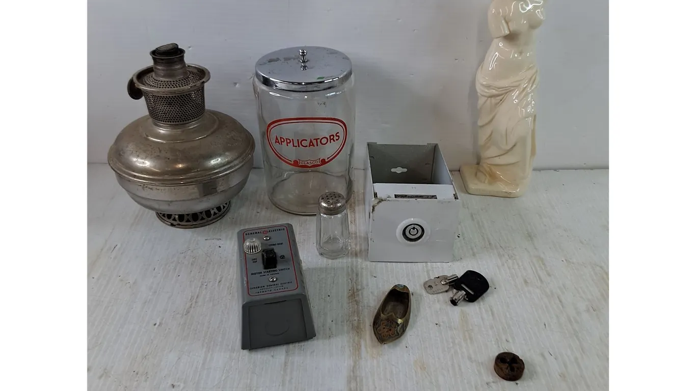 Small Venus de Milo Statue, General Electric Motor Switch, Applicator Jar, Metal Lamp, Misc