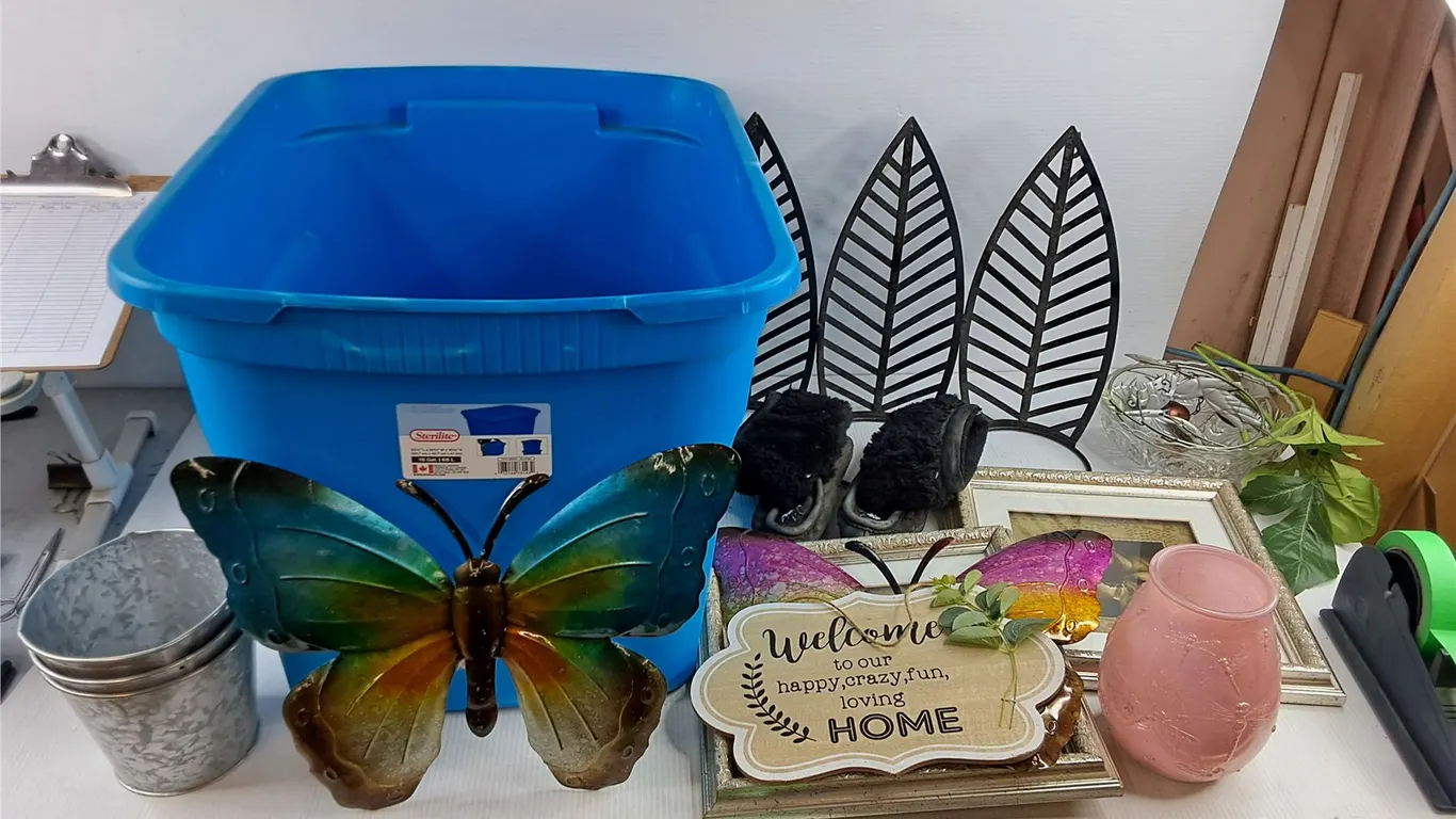 Sterilite Tote, Mukluks - Size 8, Framed Wall Art Print, Planters, Glass Bowl, Misc