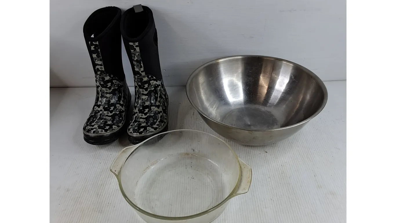Rubber Boots -Size 3, Glass Baking Bowl & Metal Mixing Bowl