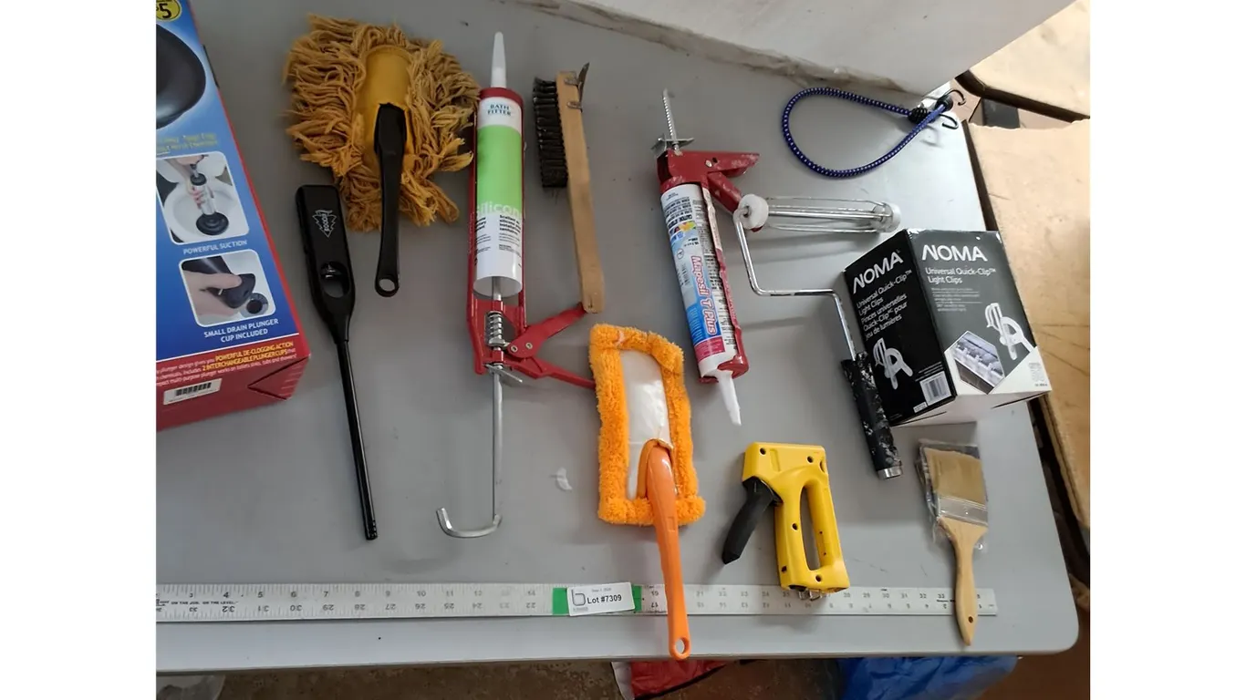 Drain Buster, Caulking Guns, Paint Brush, Bungee Cords, MIsc