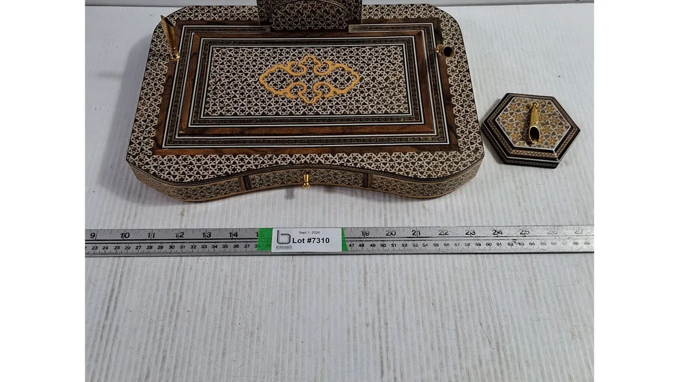 Vintage Persian Inlaid Wooden Desk Organizer with Built in Pen Holders