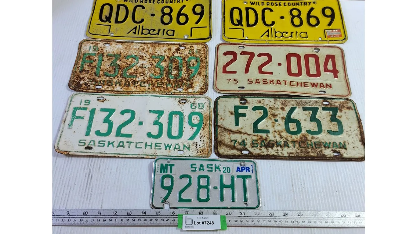 (7) Vintage License Plates - Saskatchewan, Alberta