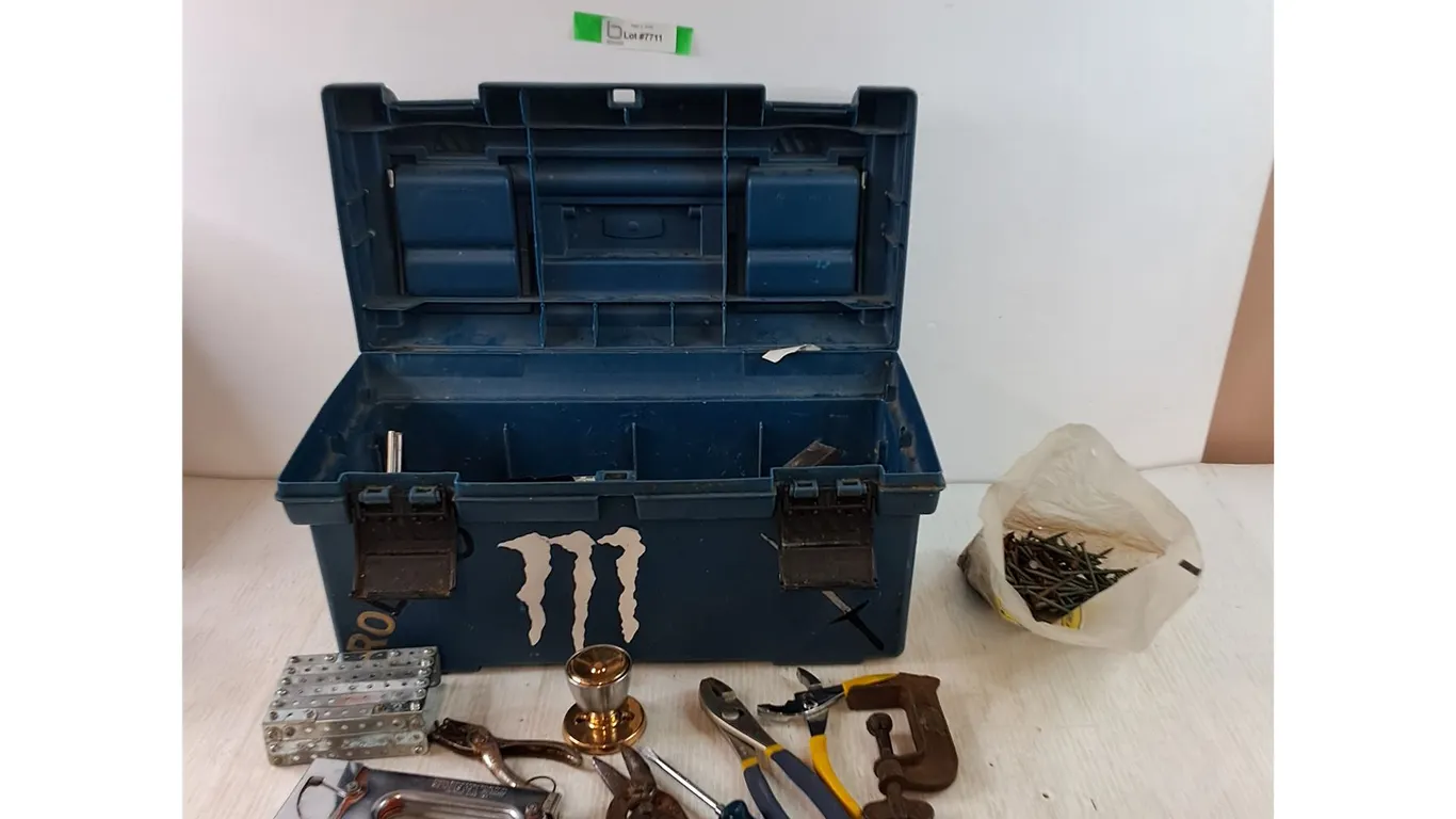 Rubbermaid Toolbox, Carpentry Stapler, (2) Pliers, C Clamp, Box Cutter, Screwdriver, Misc