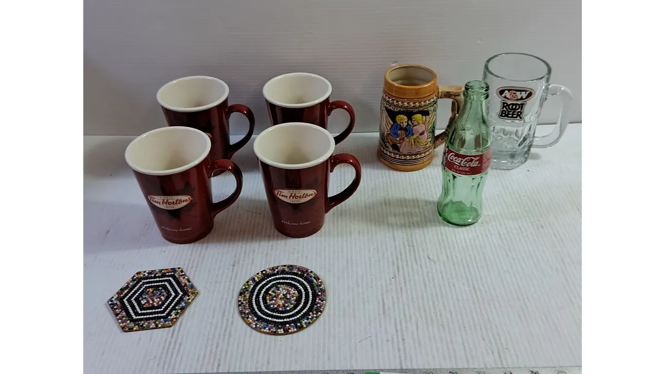 (6) Glass Mugs - Tim Hortons Set, Coca Cola Bottle, (2) Coasters