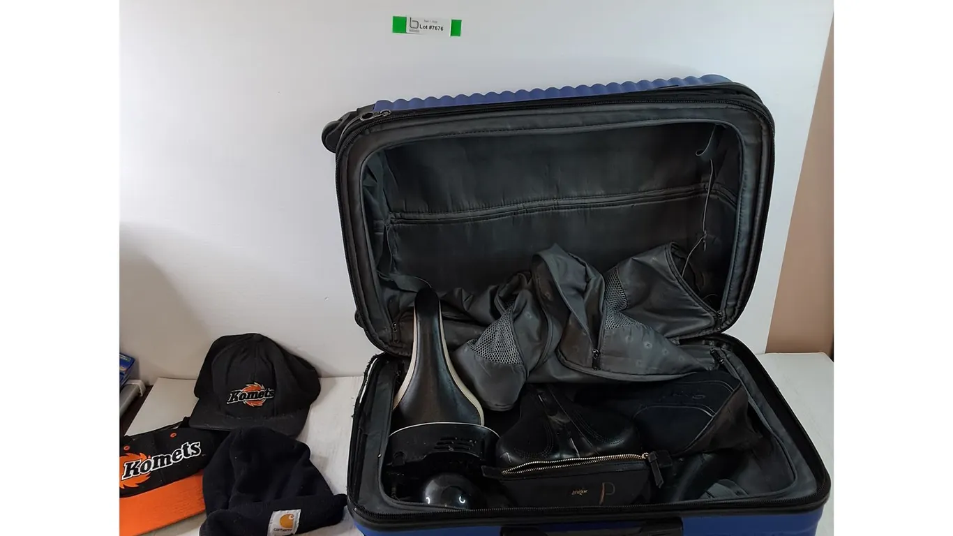 Blue Suitcase with (3) Hats, (3) Bicycle Seats, Small Camera, Marker Bag