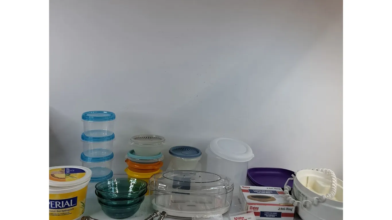 Plumbing parts, Various Tupperware, Plastic Bowls, Misc