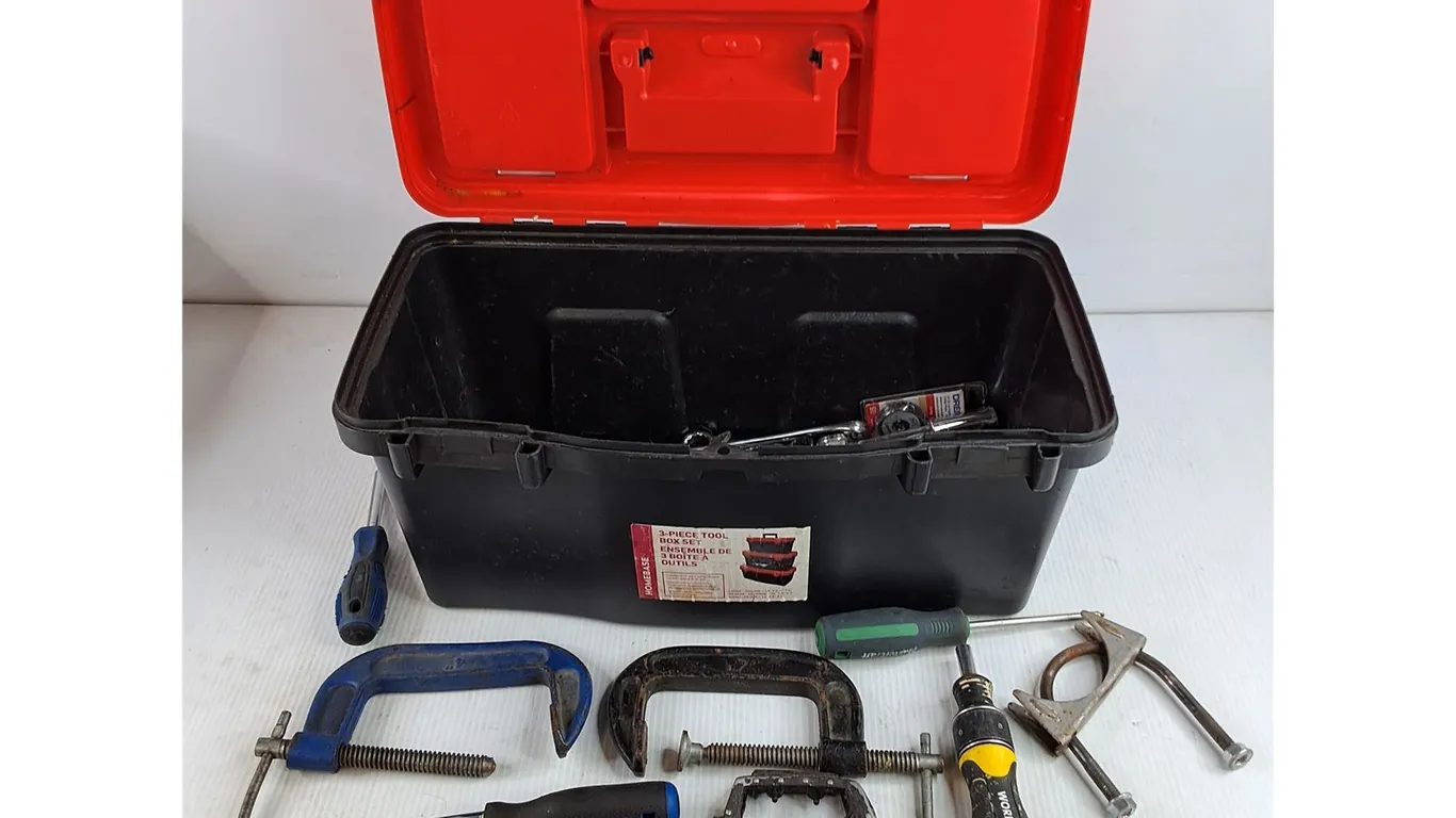 Tool Box, C Clamps, Exhaust Clamp, Hole Saw, Wrenches, Extensions, Misc
