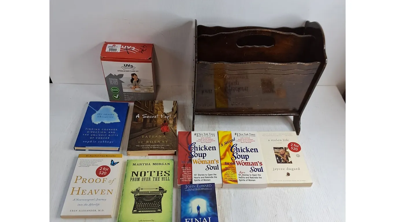 (8) Books, Upholstery Care Kit, Wooden Magazine Holder