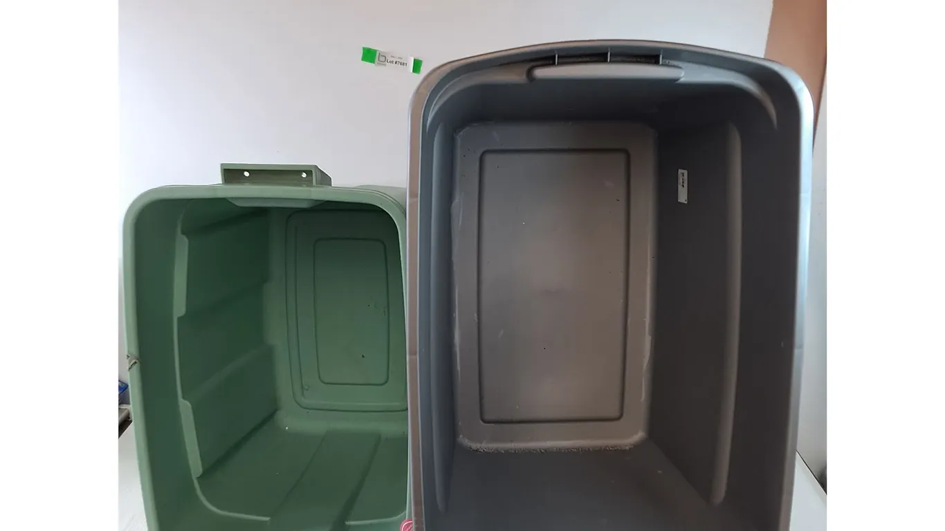 **(2) Tote Bins Green and Gray Rubbermaid and Sterilite (1) Lid No Shipping