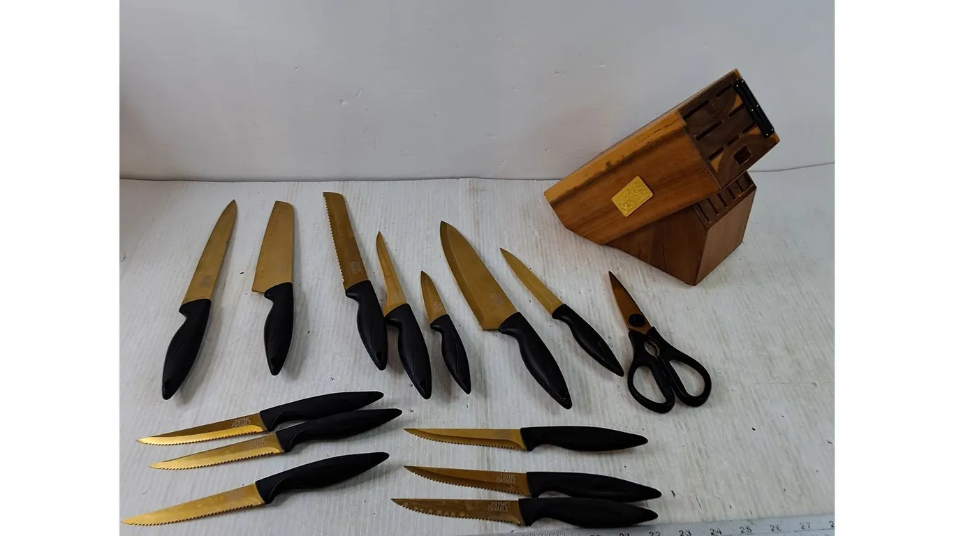 Assorted Thyme & Table Kitchen Knives, Scissors, (6) Steak Knives, Knife Block