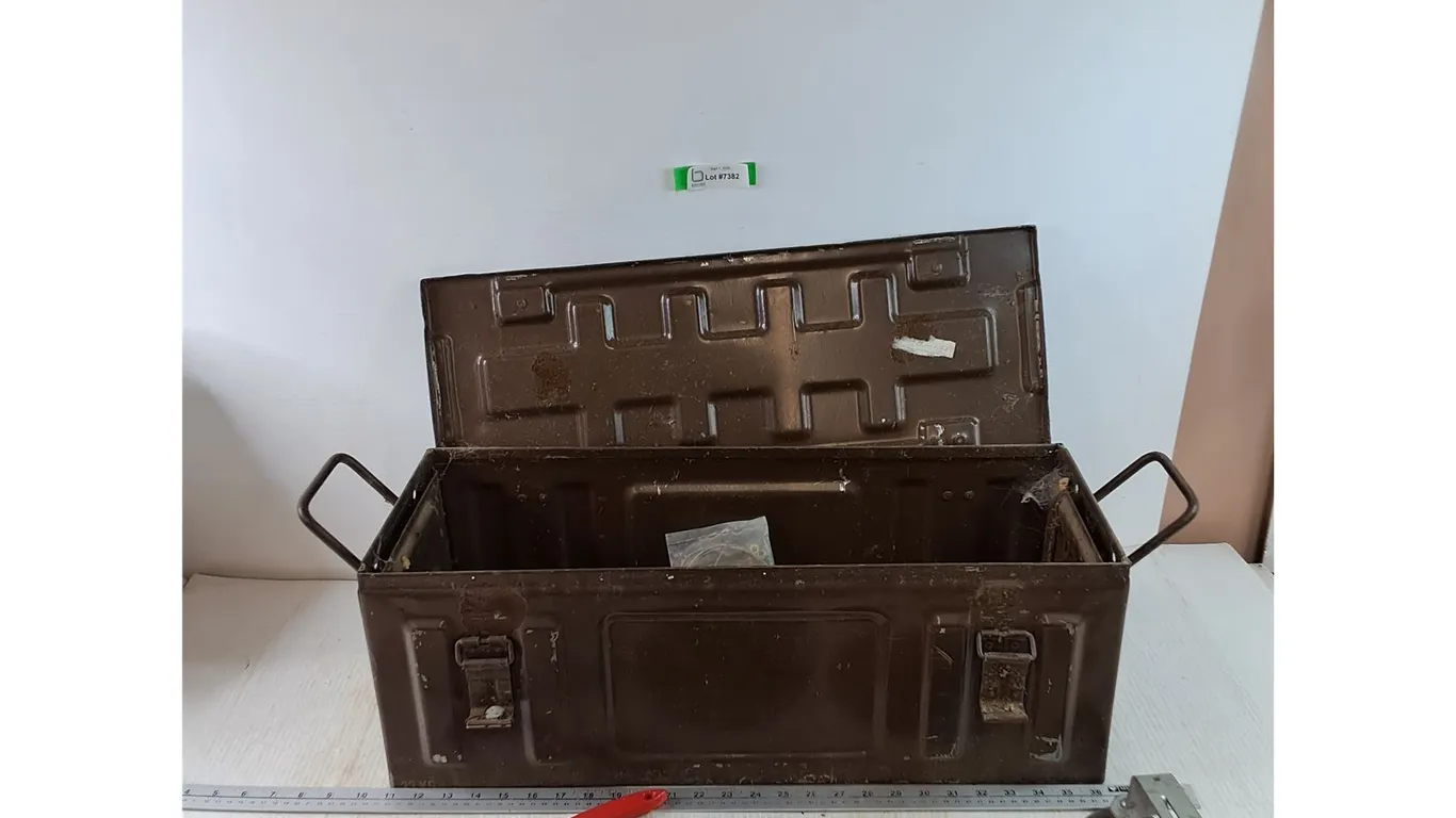 Dark Brown Toolbox with Arbor Wheel, Brush, Finish Nails, Washers, Misc