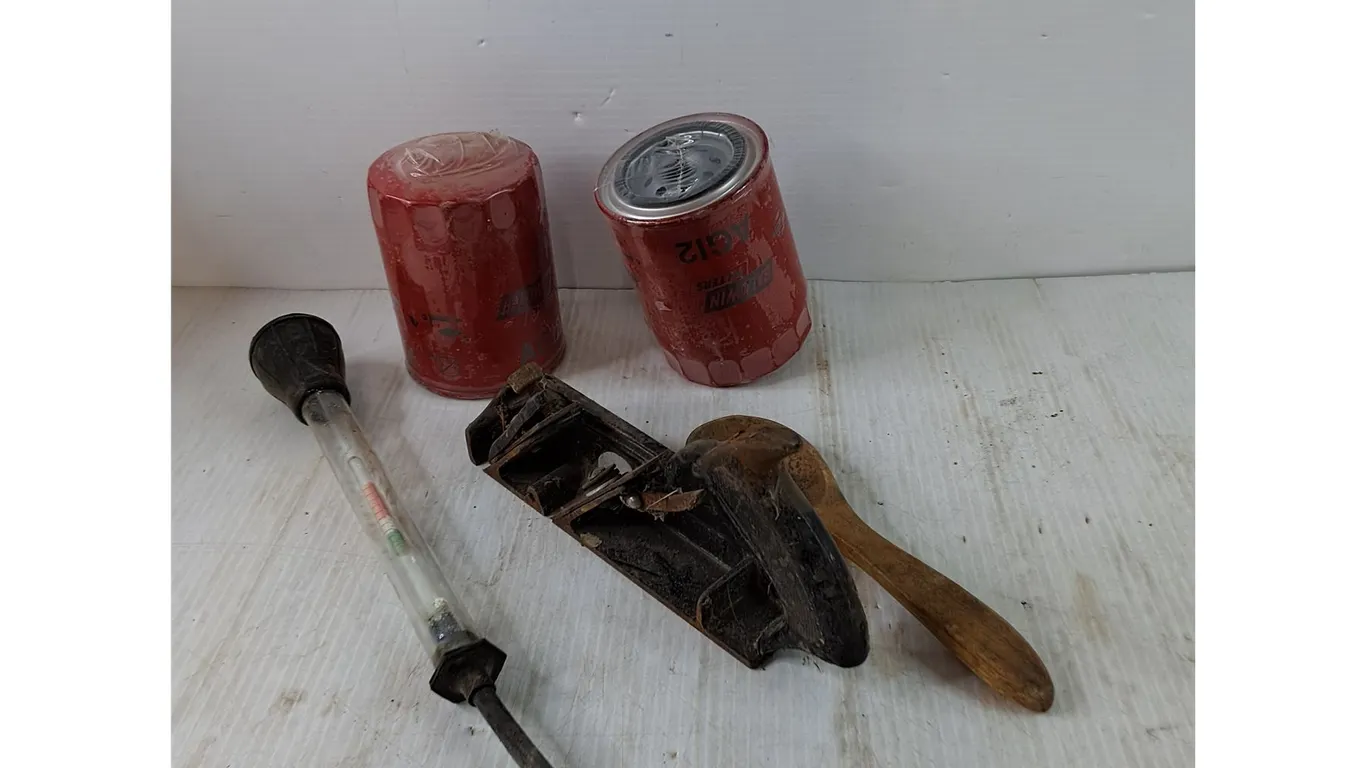 Wooden Spoon, Planer, (2) AG12 Balwin Filters, Battery Acid Hydrometer