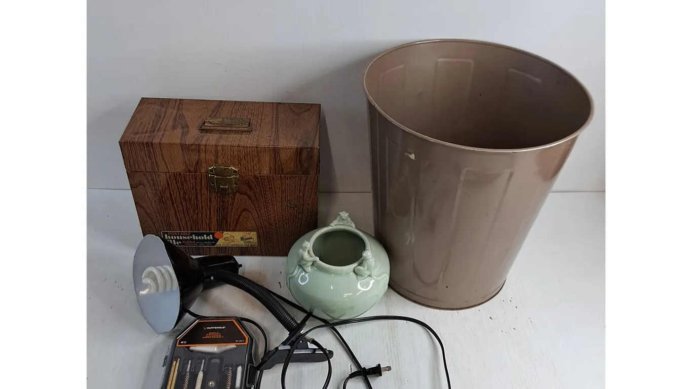 Metal Garbage Can, Gun Cleaning Kit, Clip Lamp - Working, Ceramic Bowl, File Box