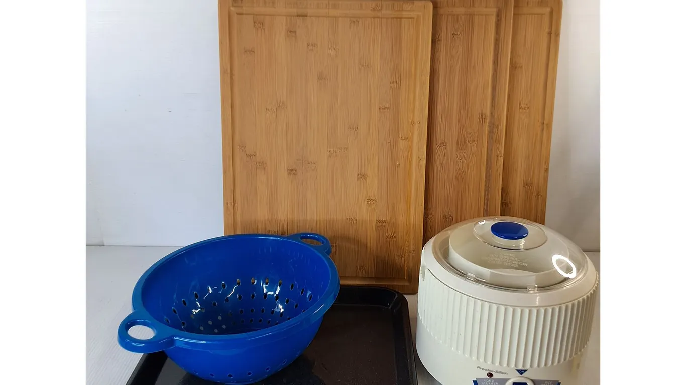 Wooden Cutting Boards (3), Food Steamer - Tested, Cooking Pan, Strainer