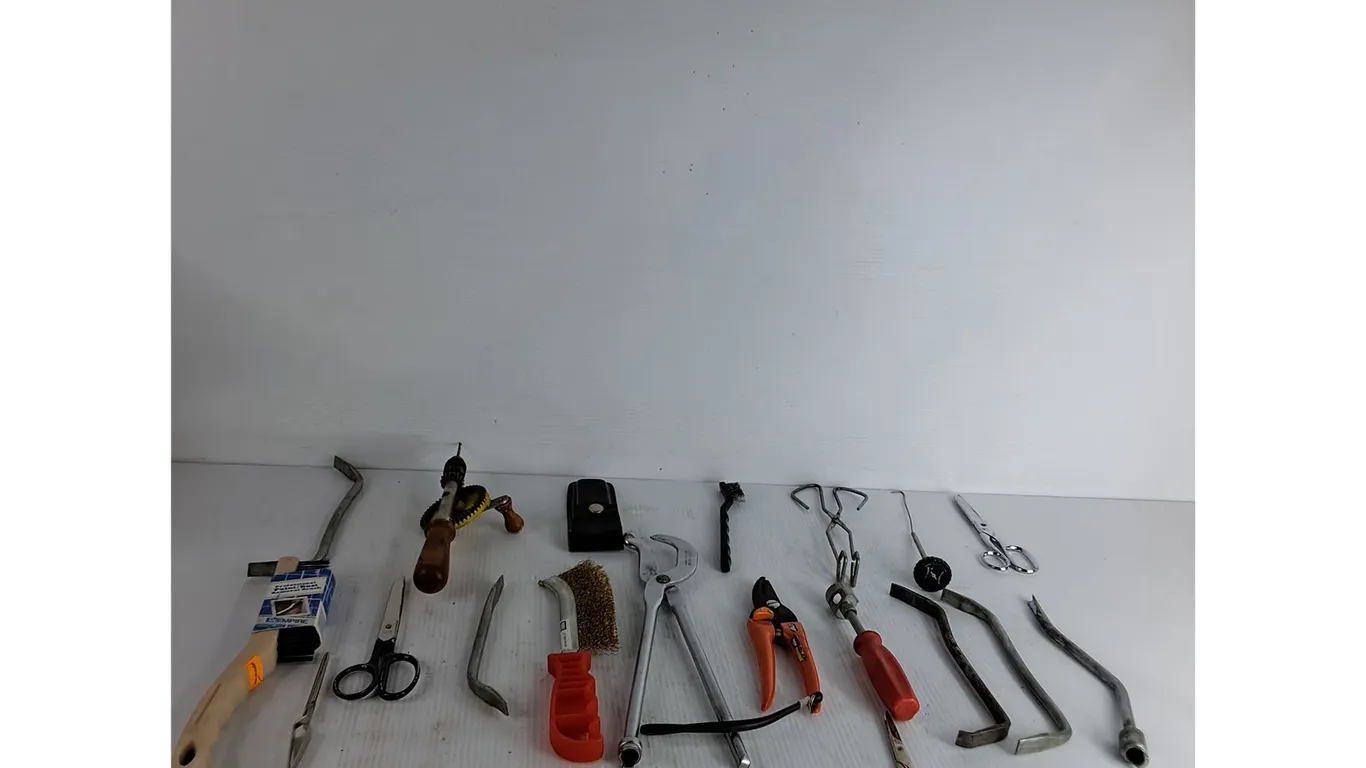 Manual Hand Drill, Curved-Handle Wire Scratch Brush, Scissors, Misc ( as is)
