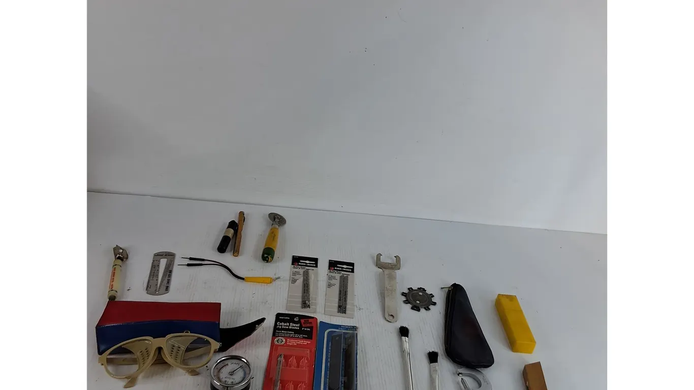 Glasses, Gauge, Saw Blades, Paint Brushes, Misc ( as is)