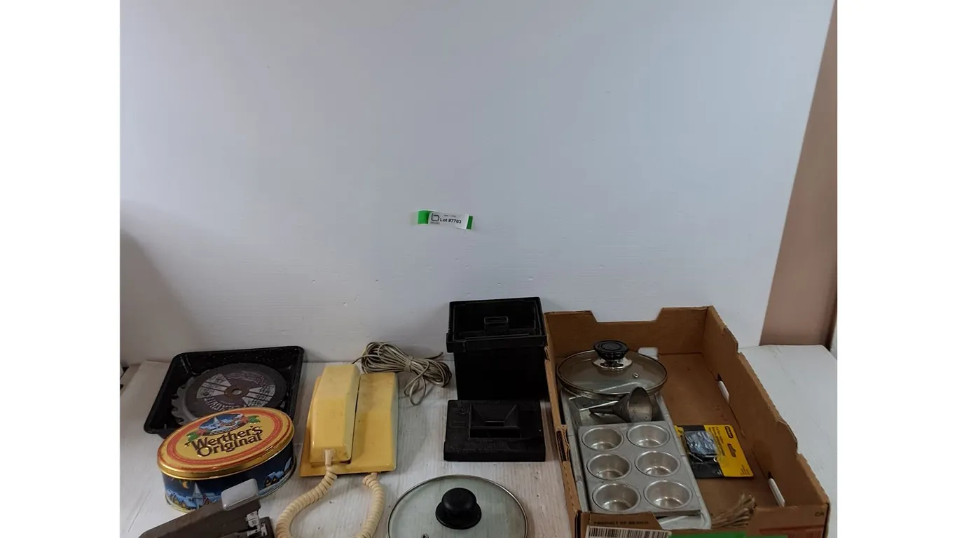 Stapler, (2) Pot Lids, Wall Mounted Telephone Untested, Film Developing Agitank