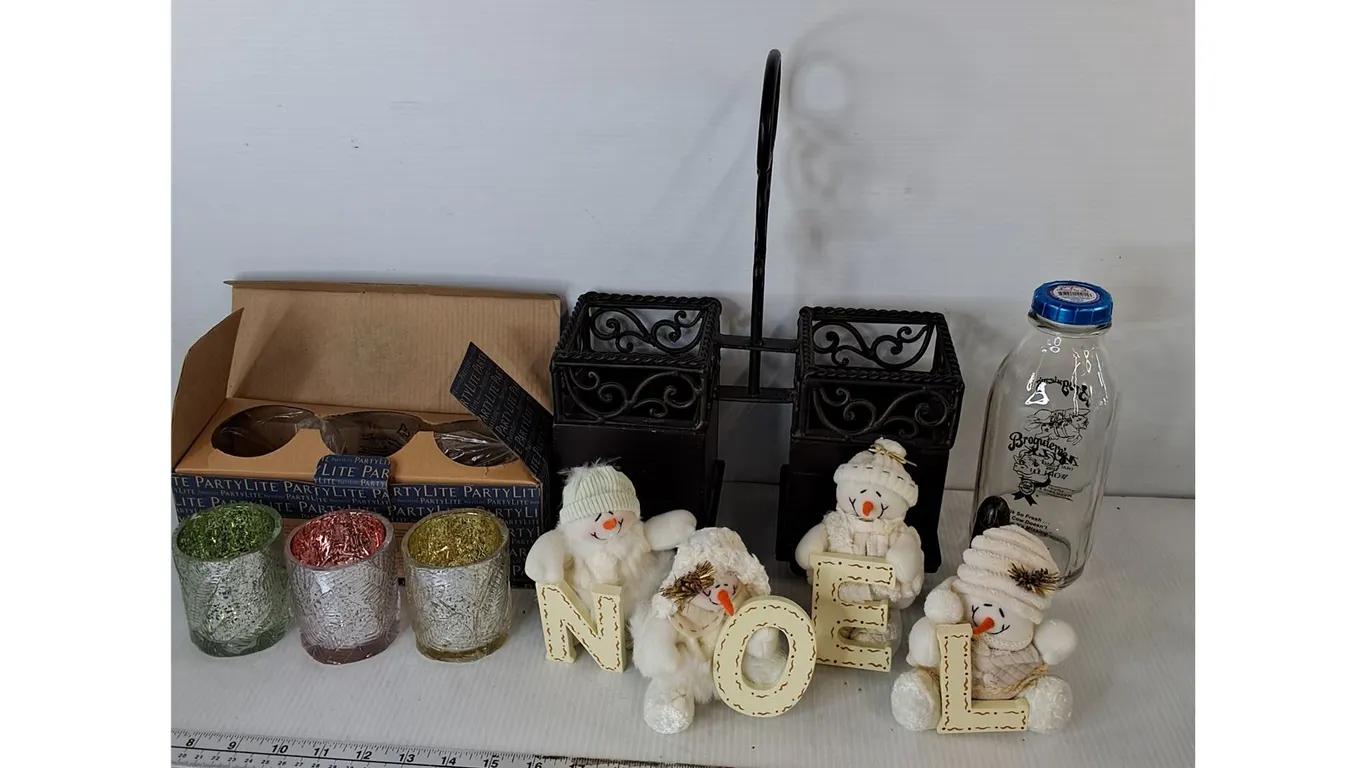 Decorative Caddy, Tealight Holders, Milk Bottle, Snowmen "Noel" Decor