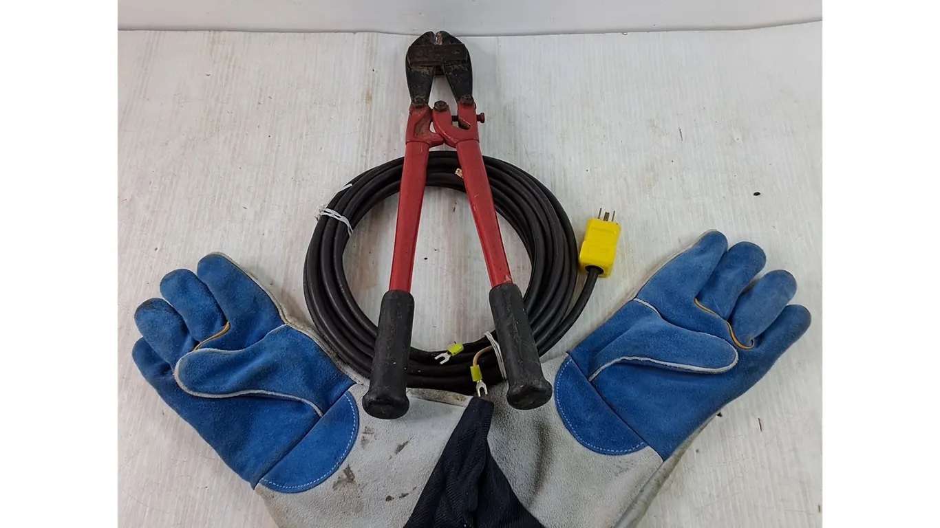 Pair of Work Gloves, Bolt Cutters, Wire Bundle with Crimps and Plug