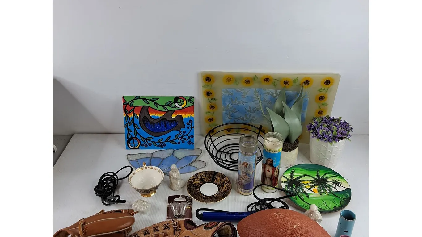 Football, Baseball Gloves, Hair Curler, Fruit Bowl, Placemats, Tea Cup & Saucer, Misc