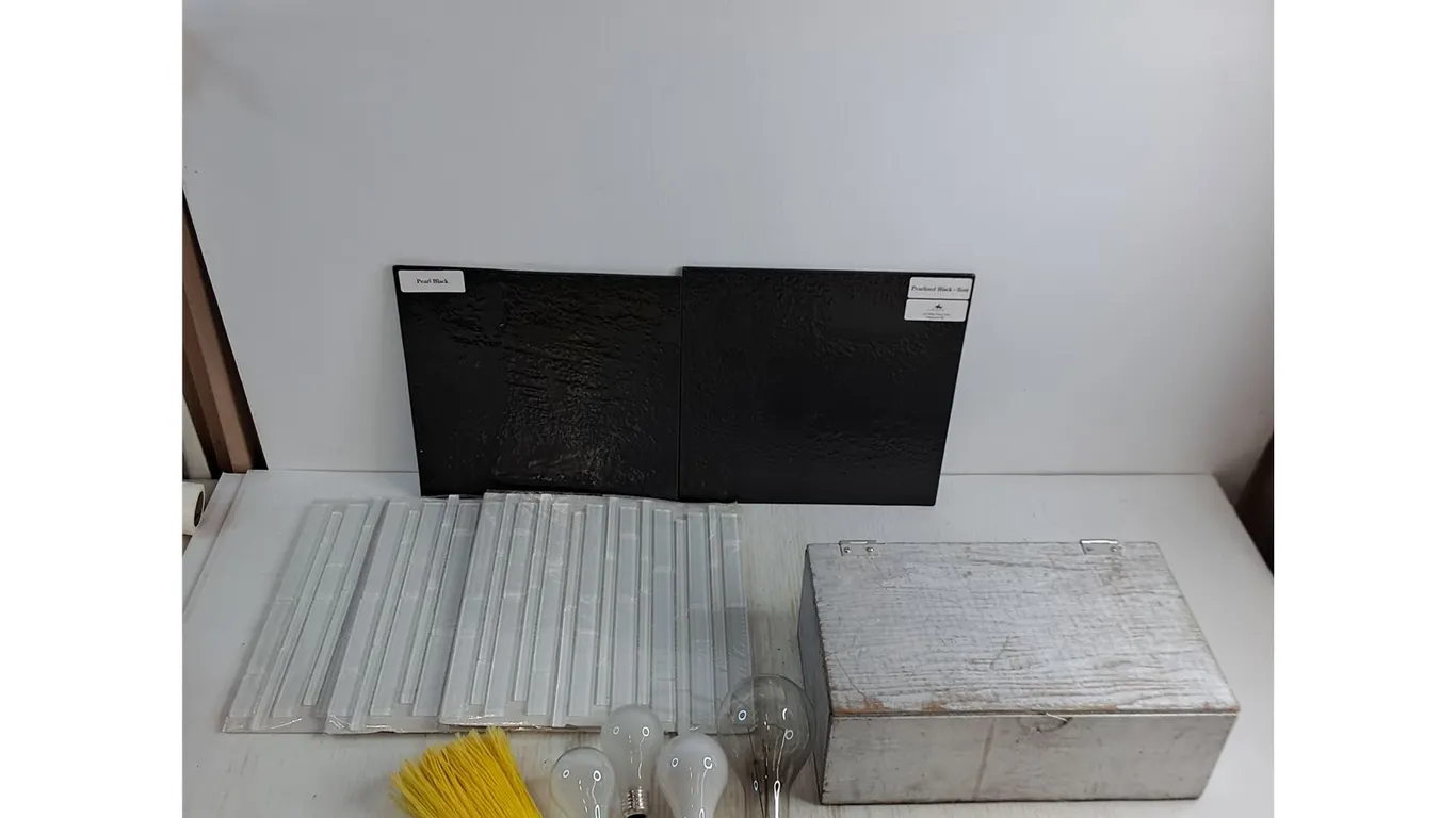 (3) New 12" x 12" Back Splash, Black Tiles, Wooden Box, Light Bulbs, Hand Broom
