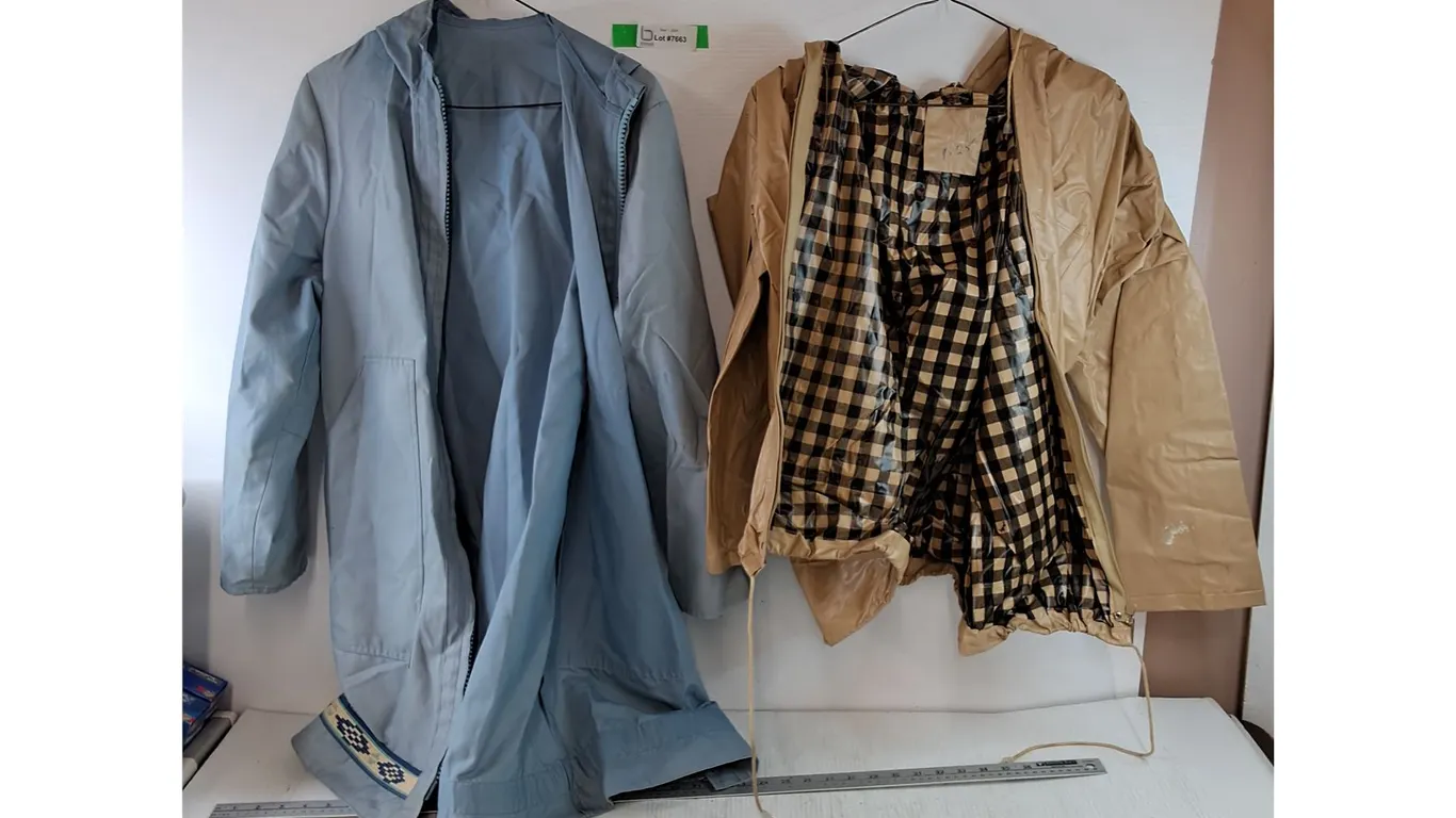 Small Igra Tan Vinyl Raincoat and ~Medium Blue Cotton/Nylon Coat Blend